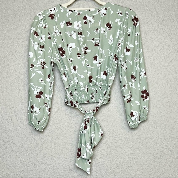 WILLOW 70s Sage Floral Print Wrap Tie Waist Puffed 3/4 Long Sleeve Crop Top XS - Picture 7 of 11
